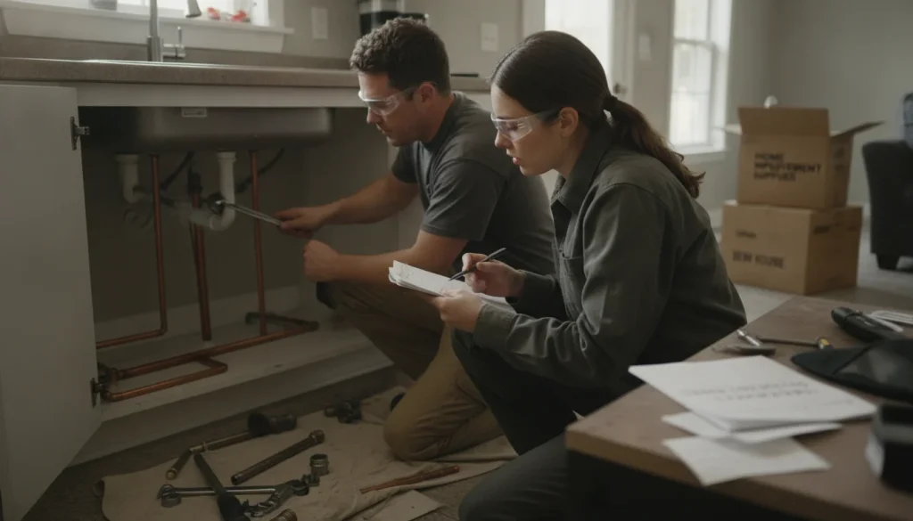 Plumber performing post-purchase repair in a modern home, illustrating plumbing repair costs in Highland Village