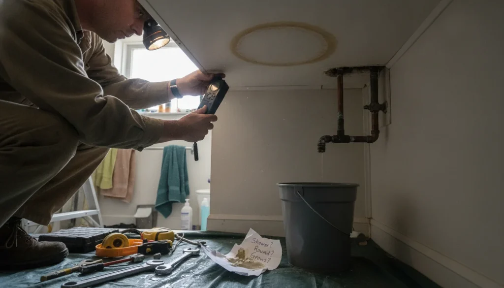 Hidden water leak signs in a Highland Village home, with ceiling stain near vent stack indicating possible plumbing issue