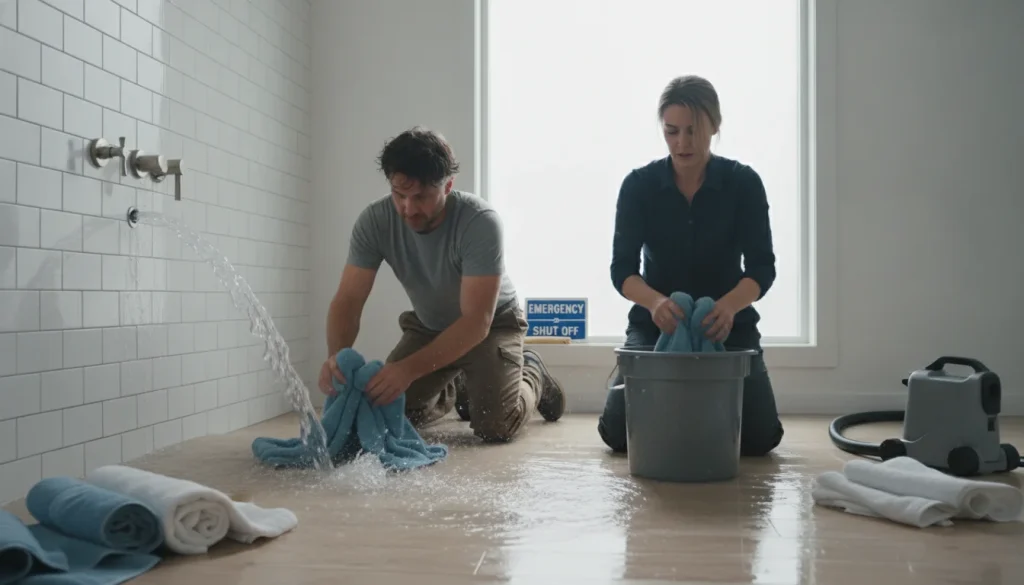 Burst pipe flooding a bathroom as people mop with towels in Highland Village — Highland Village Plumbing